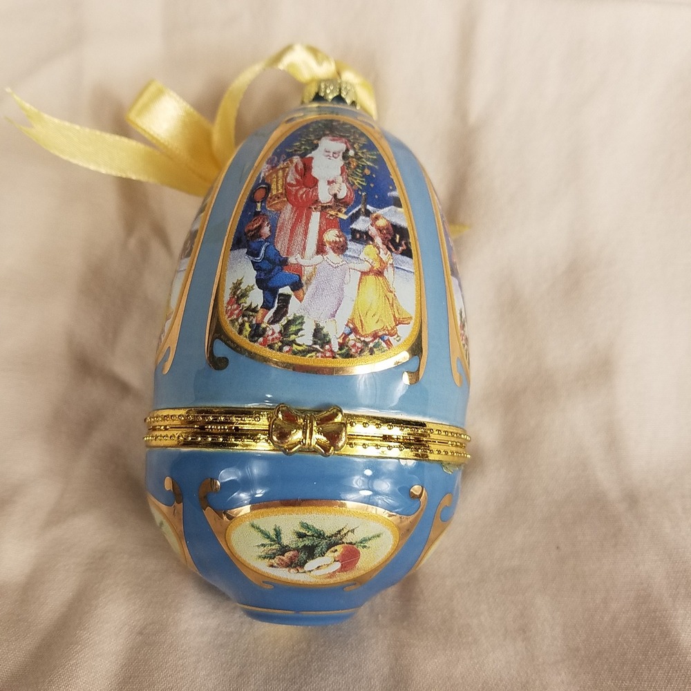 Valerie Parr Hill Musical Porcelain Egg Ornament Blue Gold Victorian Santa Boxed